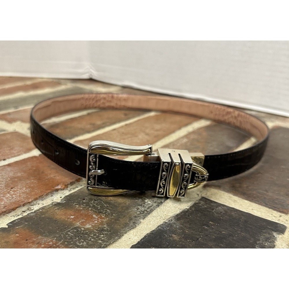 Brighton Black Leather Croc Embossed Belt Chunky Silver Buckle Women's 30 M